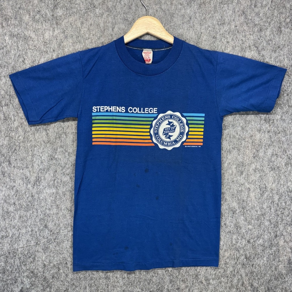 Vintage Stephens College T-Shirt Men's Small Poly Cotton Blue USA 70s Rainbow